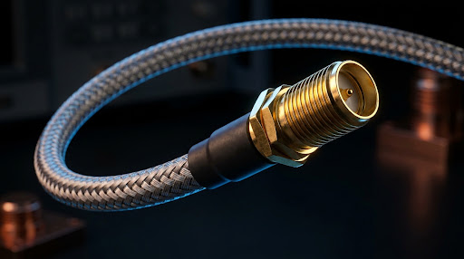 Gold RF connector and braided coaxial cable in a dark laboratory setting